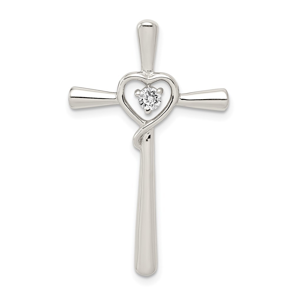 925 Sterling Silver Rhodium-plated CZ in Heart Cross Necklace Charm Pendant